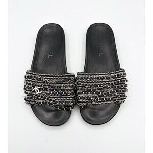 Chanel Black Tweed Tropiconic Chain Flat Slides Sandals Pink & Blue Accent EU 38